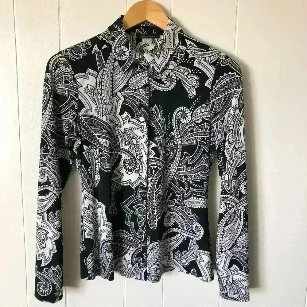 Tommy Hilfiger Button Down Black / White Paisley Polyester Shirt Blouse Size XS